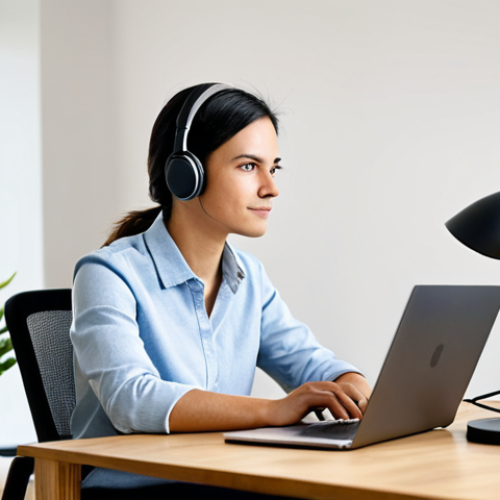 Home 6 A focused professional individual, appearing gender-neutral, in their late 20s, dressed in a smart casual yet business-appropriate top, fully clothed, wearing a comfortable headset with a microphone. They are seated at a clean, minimalist wooden desk in a well-lit modern home office. On the desk, there is a laptop displaying a webinar platform interface, a small notepad, and a pen. The background is a blurred, neutral wall with a subtle houseplant, creating a calm and professional atmosphere. The person is looking intently at the laptop screen, with one hand near the mouse, seemingly checking audio settings or reviewing pre-webinar materials. Their posture is natural and relaxed. Professional photography, soft natural light, high detail, high resolution, perfect anatomy, correct proportions, natural pose, well-formed hands, proper finger count, natural body proportions, safe for work, appropriate content, fully clothed, professional, modest, family-friendly.