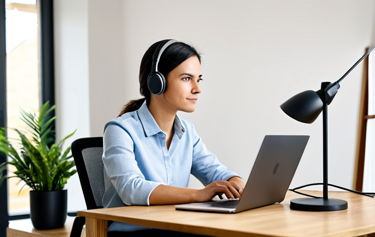 A focused professional individual, appearing gender-neutral, in their late 20s, dressed in a smart casual yet business-appropriate top, fully clothed, wearing a comfortable headset with a microphone. They are seated at a clean, minimalist wooden desk in a well-lit modern home office. On the desk, there is a laptop displaying a webinar platform interface, a small notepad, and a pen. The background is a blurred, neutral wall with a subtle houseplant, creating a calm and professional atmosphere. The person is looking intently at the laptop screen, with one hand near the mouse, seemingly checking audio settings or reviewing pre-webinar materials. Their posture is natural and relaxed. Professional photography, soft natural light, high detail, high resolution, perfect anatomy, correct proportions, natural pose, well-formed hands, proper finger count, natural body proportions, safe for work, appropriate content, fully clothed, professional, modest, family-friendly.