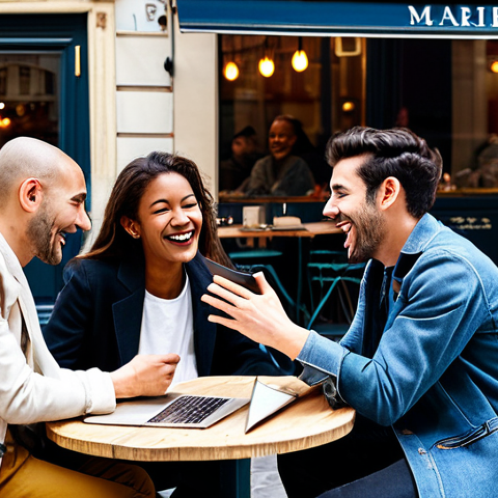 Engaging in Online Conversation**
A group of diverse people, fully clothed in fashionable Parisian street style, are gathered around a café table in the Marais district, laughing and talking while looking at a laptop. The café has a classic French awning and outdoor seating. The scene emphasizes connection and positive interaction. Appropriate attire, safe for work, professional, perfect anatomy, natural proportions, well-formed hands, proper finger count, modest clothing, family-friendly, high quality.
**