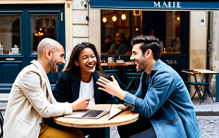 Engaging in Online Conversation**
A group of diverse people, fully clothed in fashionable Parisian street style, are gathered around a café table in the Marais district, laughing and talking while looking at a laptop. The café has a classic French awning and outdoor seating. The scene emphasizes connection and positive interaction. Appropriate attire, safe for work, professional, perfect anatomy, natural proportions, well-formed hands, proper finger count, modest clothing, family-friendly, high quality.
**