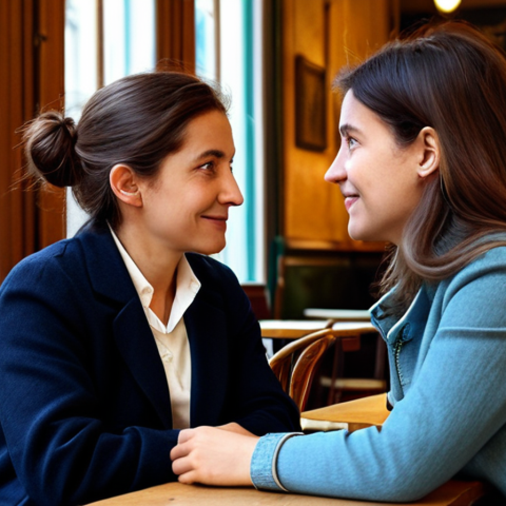 Empathy in a Parisian Cafe**
"A friendly conversation between two fully clothed women in a cozy Parisian cafe. One woman is listening attentively to the other. Modest clothing, warm lighting, safe for work, appropriate content, perfect anatomy, correct proportions, natural pose, professional photography, high quality, family-friendly."
**
