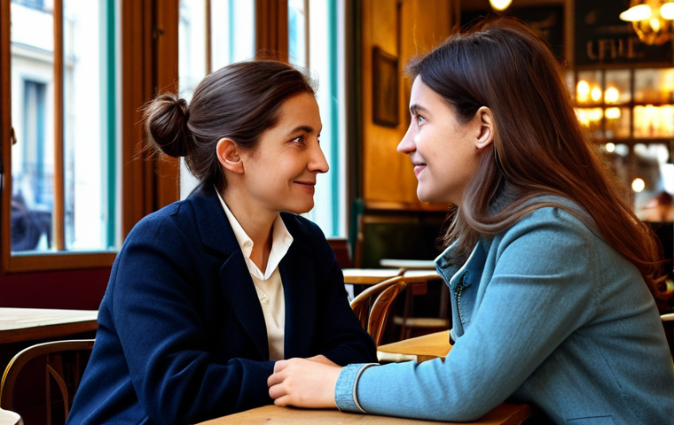 Empathy in a Parisian Cafe**
"A friendly conversation between two fully clothed women in a cozy Parisian cafe. One woman is listening attentively to the other. Modest clothing, warm lighting, safe for work, appropriate content, perfect anatomy, correct proportions, natural pose, professional photography, high quality, family-friendly."
**