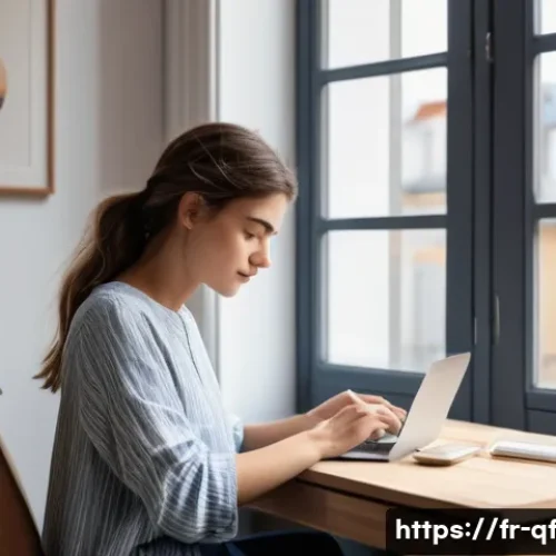 Home 29 디지털 과부하를 피하는 방법 - A modern, cozy French home office scene showing a young adult woman in casual attire sitting at a mi...
