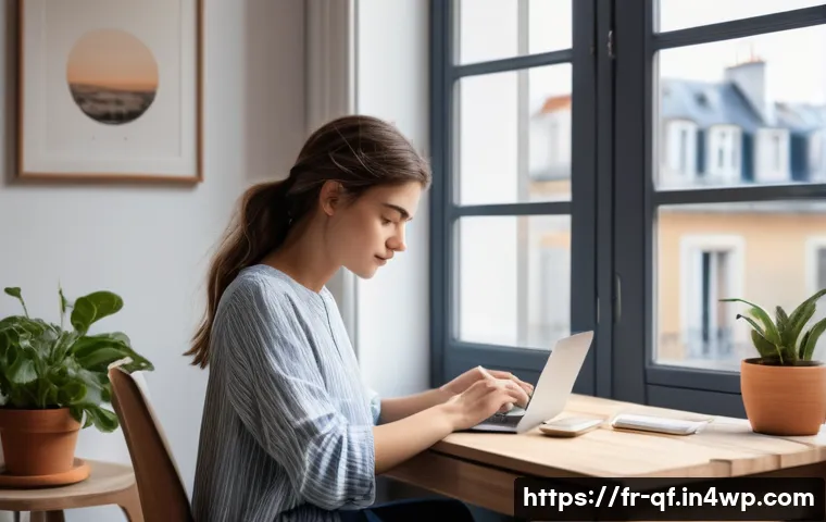 디지털 과부하를 피하는 방법 - A modern, cozy French home office scene showing a young adult woman in casual attire sitting at a mi...