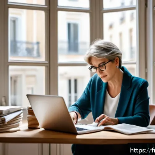 Home 28 신뢰할 수 있는 정보를 찾는 방법 - A modern French home office scene featuring a middle-aged woman reading an article on her laptop abo...