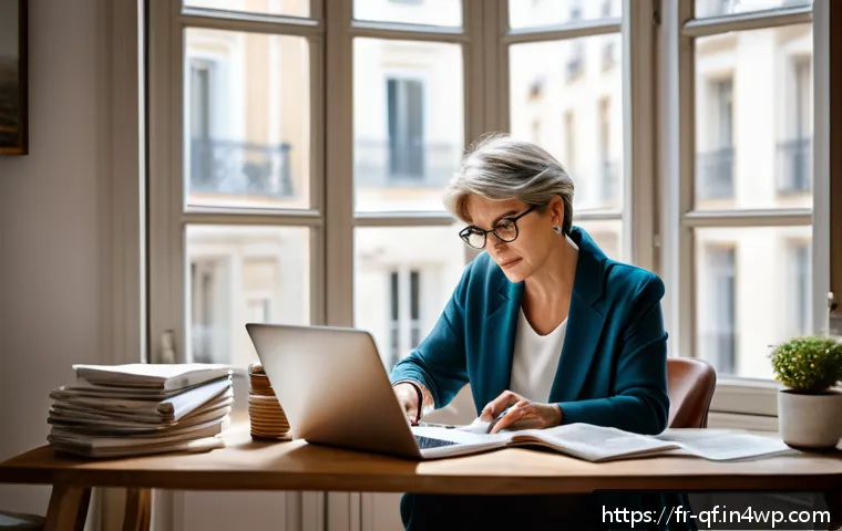 신뢰할 수 있는 정보를 찾는 방법 - A modern French home office scene featuring a middle-aged woman reading an article on her laptop abo...