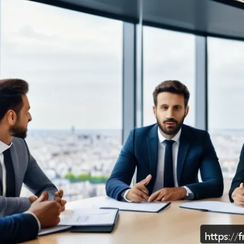 Home 15 비즈니스 관계 강화를 위한 소통 방법 - A modern French office setting showing a diverse group of professionals engaged in active listening ...