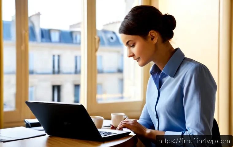비즈니스 메시지에서의 예의 - Photorealistic French business professional in a bright Paris office, thoughtfully composing a polit...